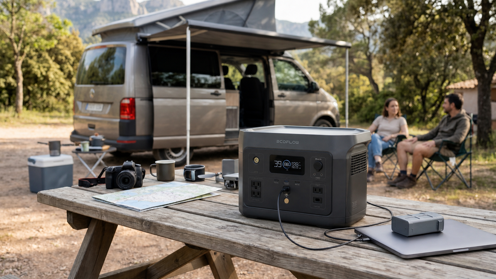 Estación de energía portátil alimentando dispositivos junto a una camper