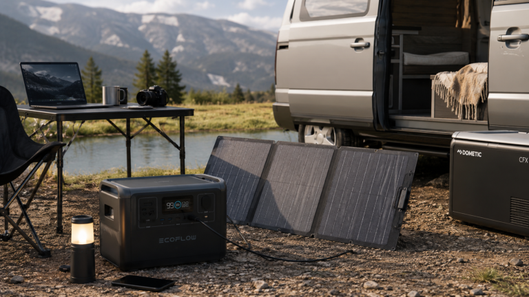 Estación de energía portátil con panel solar junto a una camper
