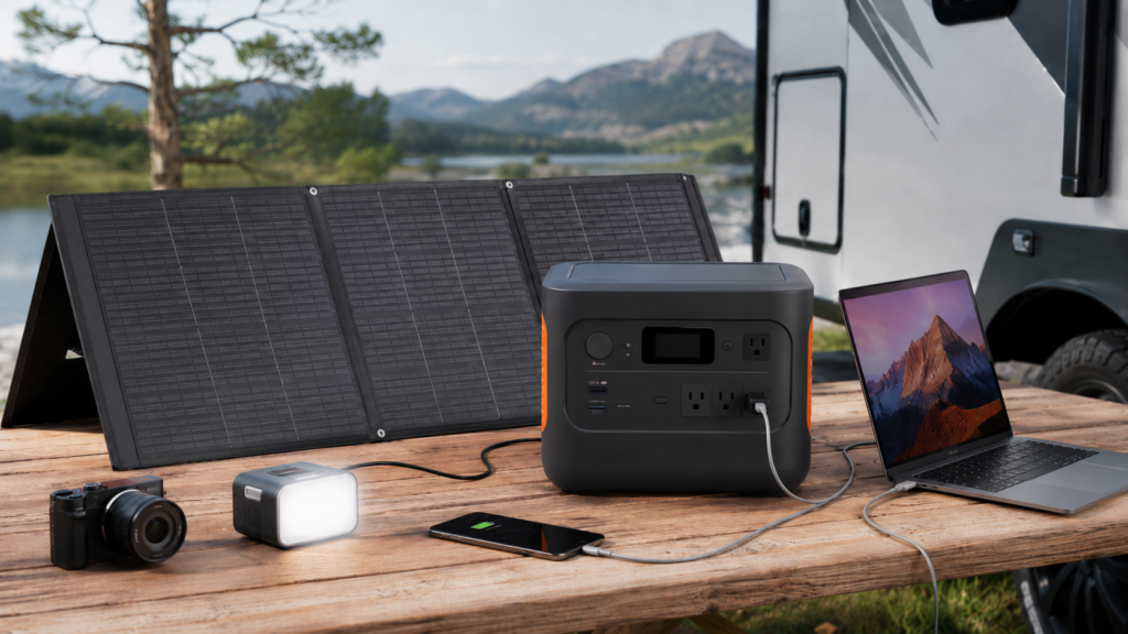 Kit solar portátil con batería, panel solar y cables de carga