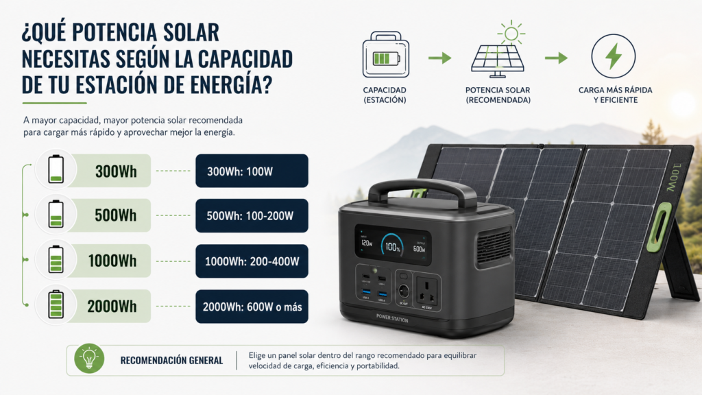 Potencia de panel solar recomendada según la capacidad de la estación portátil