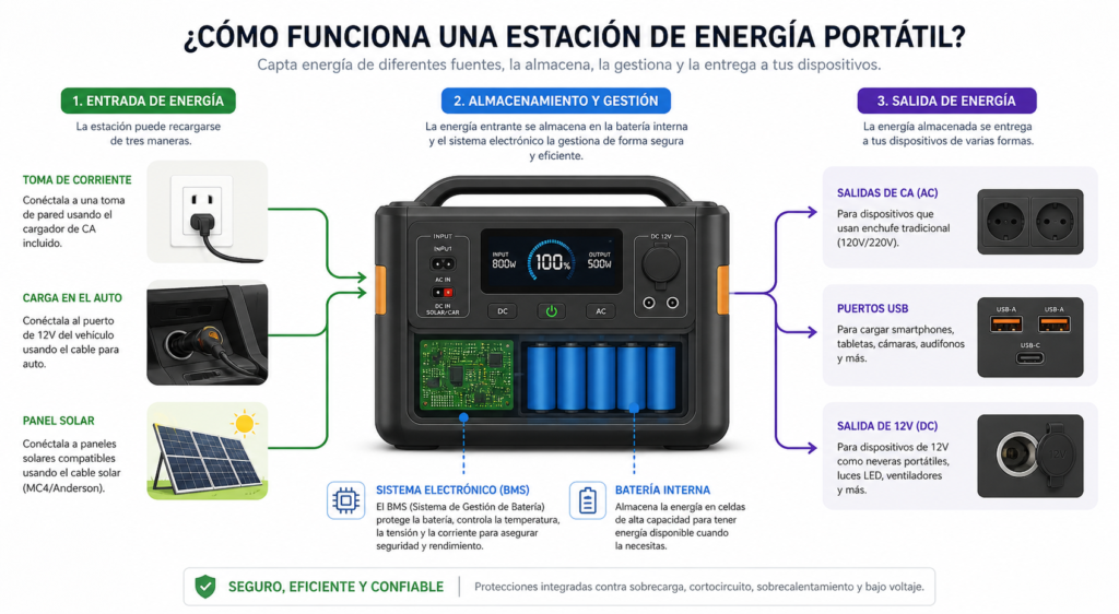 Esquema de funcionamiento de una estación de energía portátil con carga por enchufe, coche y panel solar