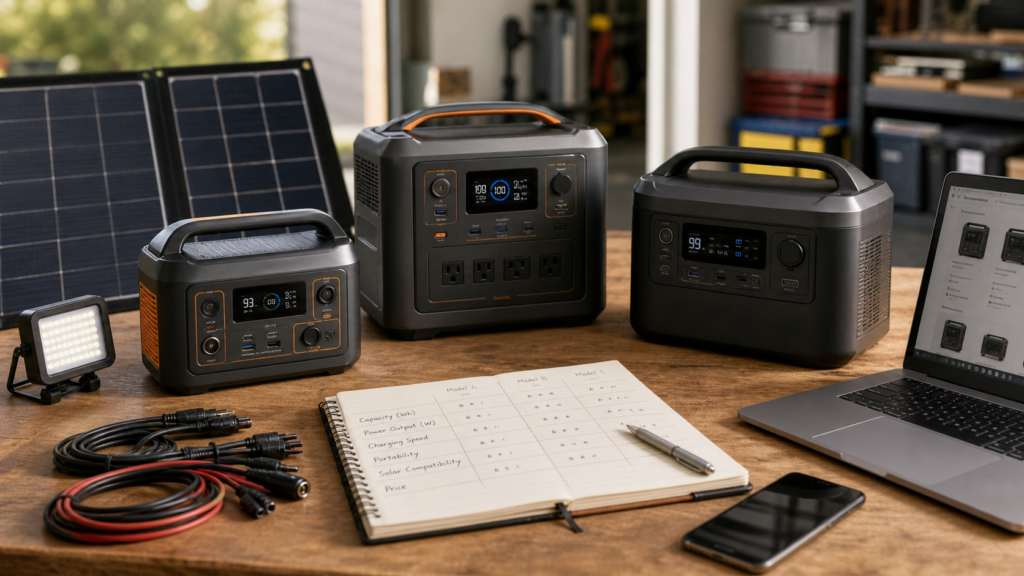 Comparación práctica de estaciones de energía portátiles según capacidad, potencia y carga solar