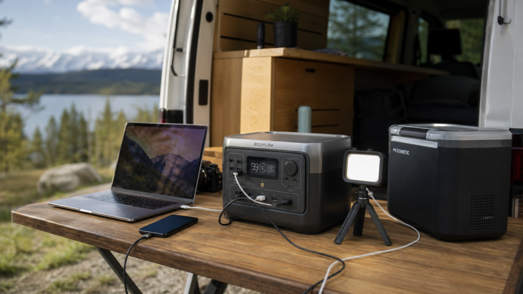 Estación de energía portátil en uso real para camper, teletrabajo y escapadas