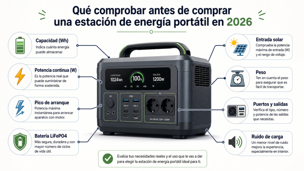 Factores clave para elegir una estación de energía portátil: Wh, potencia, batería, peso y carga solar
