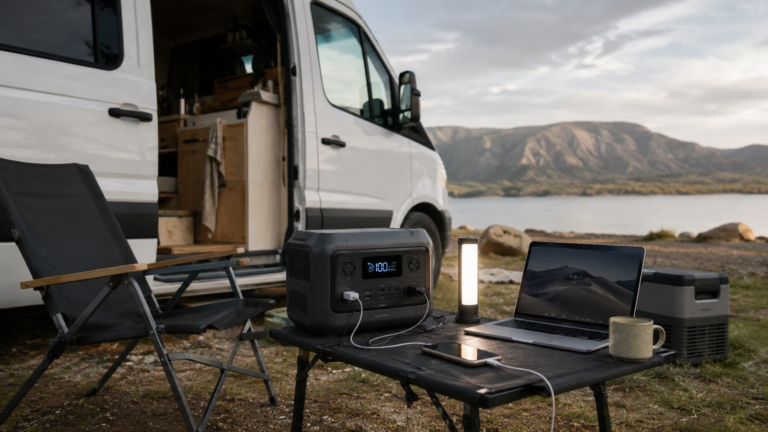 Estación de energía portátil en una furgoneta camper sin instalación fija